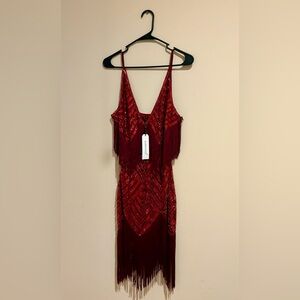 Elegant Red Backless Fringe Dress